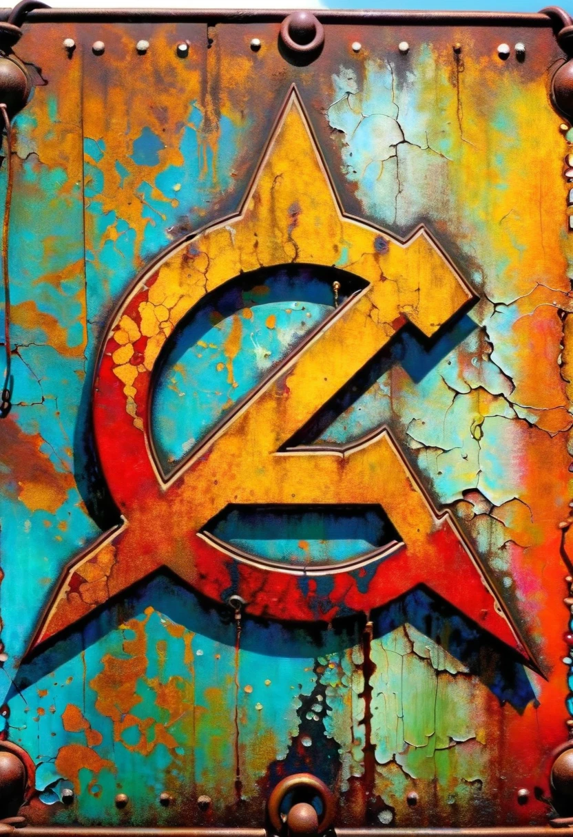 decorative rusty metal sign with a drawing of a communist symbol, artwork inspired by dave mcKean, vivid colors, intricate details, oil.
