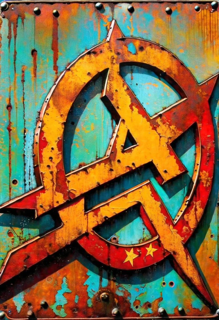 decorative rusty metal sign with a drawing of a communist symbol, artwork inspired by dave mcKean, vivid colors, intricate details, oil.
