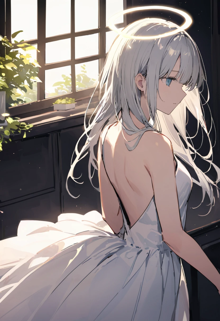 One (Back view:1.5) A very beautiful female angel\(Long platinum hair, wide back white dress,(彼女のchestからは大きな美しい天使の羽が),Very beautiful shining halo,chest\), She has her arms wide open as if asking for help., She&#39;s on the clouds、Looking down at the world below, Fierce war\((Lots of sparks and fire), fail, Fighter, Many buildings collapsed, Nature is destroyed, Magnificent and spectacular views\) It&#39;s happening under the clouds, BREOneK ,quality\(8K,非常に精細なCGユニットのwallpaper, masterpiece,High resolution,top-quality,top-quality real texture skin,Surreal,Increase the resolution,ROneW photos,最高quality,Very detailed,wallpaper,Cinema Lighting,Ray-tracing,Golden Ratio\),[Browsing Caution],Dynamic Angle,[Browsing Caution],From above