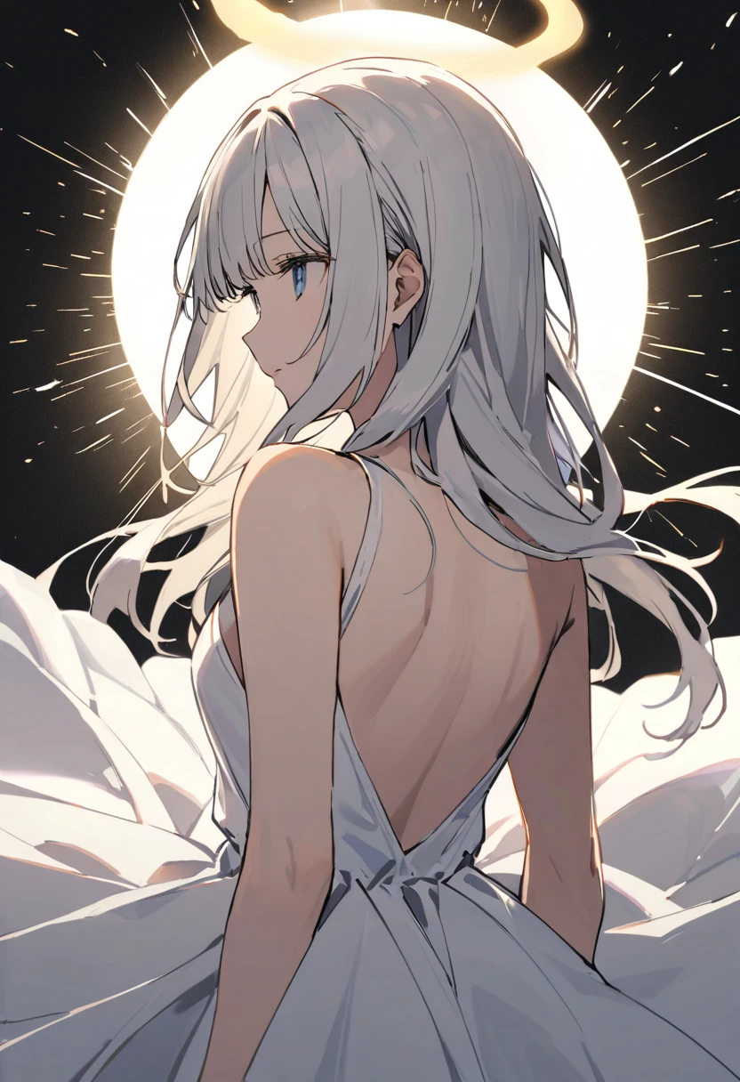 One (Back view:1.5) A very beautiful female angel\(Long platinum hair, wide back white dress,(彼女のchestからは大きな美しい天使の羽が),Very beautiful shining halo,chest\), She has her arms wide open as if asking for help., She&#39;s on the clouds、Looking down at the world below, Fierce war\((Lots of sparks and fire), fail, Fighter, Many buildings collapsed, Nature is destroyed, Magnificent and spectacular views\) It&#39;s happening under the clouds, BREOneK ,quality\(8K,非常に精細なCGユニットのwallpaper, masterpiece,High resolution,top-quality,top-quality real texture skin,Surreal,Increase the resolution,ROneW photos,最高quality,Very detailed,wallpaper,Cinema Lighting,Ray-tracing,Golden Ratio\),[Browsing Caution],Dynamic Angle,[Browsing Caution],From above