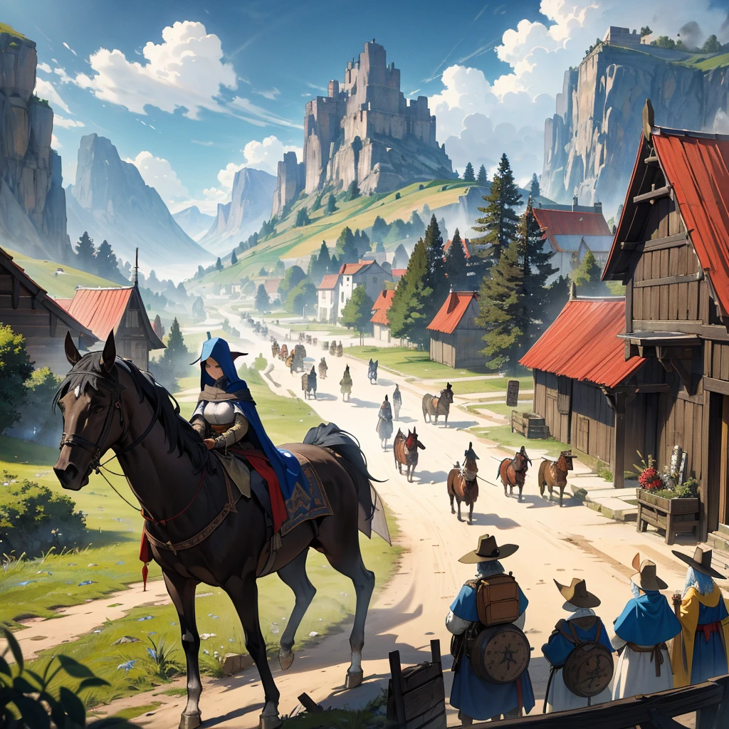 Envision a medieval caravan winding its way through a rugged landscape, a convoy of travelers and merchants moving with purpose. Picture a diverse array of wagons and pack animals laden with goods: barrels of ale, bolts of cloth, and crates of spices. Flags flutter atop the wagons, bearing the sigils of noble houses or guilds, while pennants flap in the breeze. Cloaked figures on horseback lead the procession, their eyes scanning the horizon for signs of adventure or danger. Capture the spirit of journey and commerce in this medieval scene, where the road unfolds as a pathway to distant lands and untold stories."






