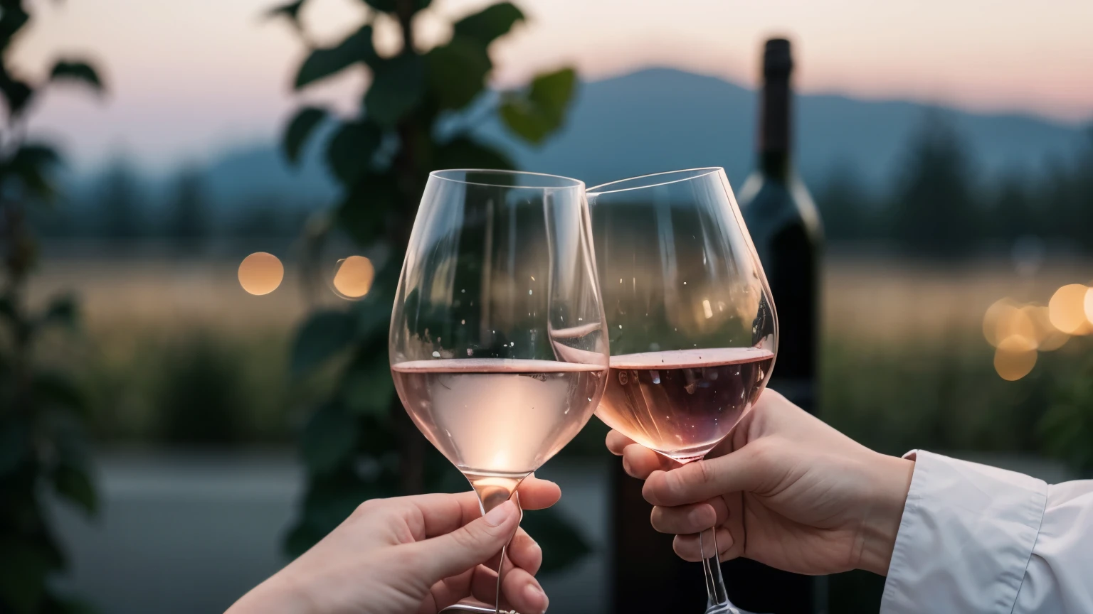 (best qualityer), (realisitic), toast person holding glass of rose wine with person holding glass of white wine, blurred nature background, image focus on the glasses