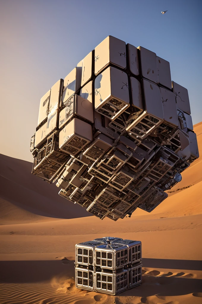 Location is desert、A giant mechanical cube that defies gravity and floats