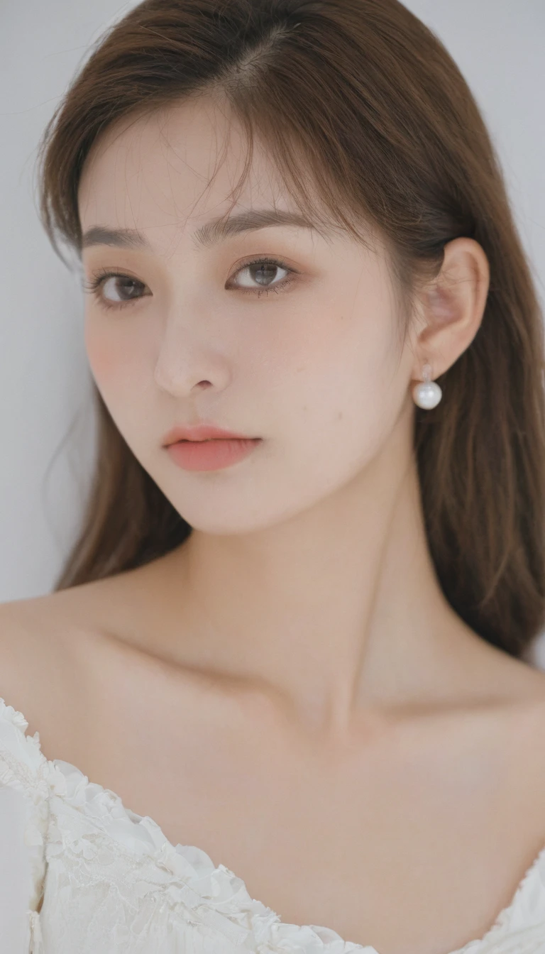 xxmixgirl, Analog Style, Eye focus, Highest quality, (Very detailed skin), Exquisitely beautiful white skin photos, 22 years old, Perfect Face, Captivating eyes, (Seductive makeup: 1.3), Skin pores, (Bokeh:1.5), Sharp focus, Dappled Lighting, (Backlight), Film Grain, (Very detailed, Exquisitely crafted), 8K, High resolution, Front view, Studio Light, Very detailed顔, Fine grain, (double eyelid: 1.4), Aristogle, Brown eyes, (commercial: 1.6), (Natural Makeup), ((White studio background: 2))、Blonde、Thin bangs、short hair、Bobcut、Summery white fashion