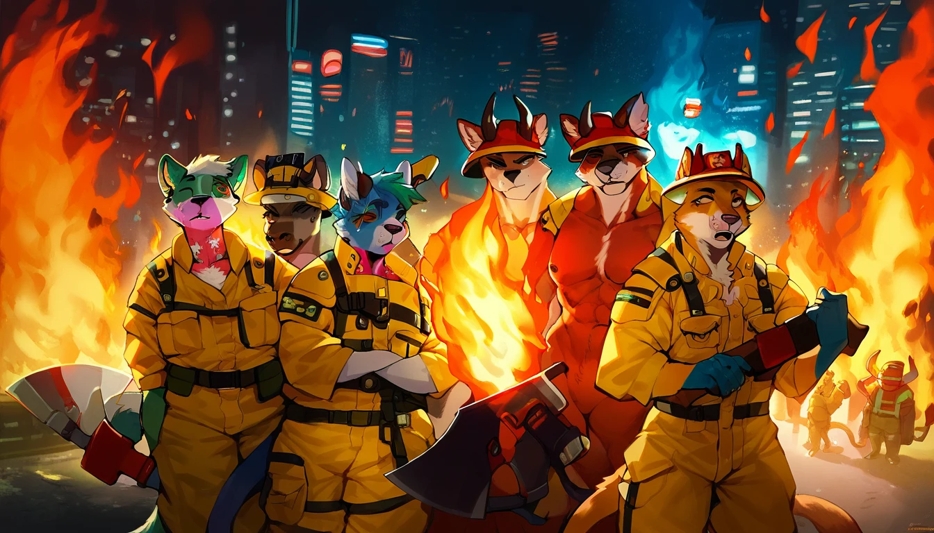 score_9, score_8_up, score_7_up, (cyberpunk city, wildfire, emergency, fire on background:1.5),
((furry:1.2), anthro, horns, crowd, group, gang, 2others, (female, male), (portrait, standing), (holding axe), ((wearing firefighter uniform), (wearing helmet)), ((bull fur)), muscular, beautiful, (have cyberpunk-style additions)