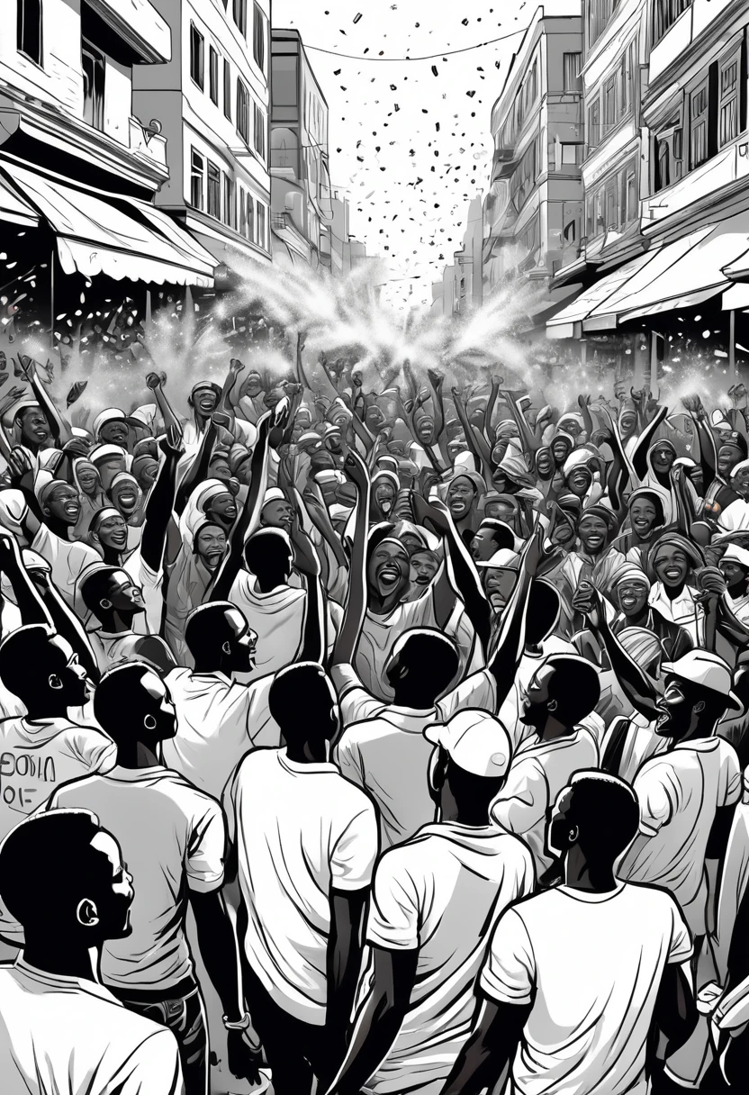 in a white background, black and white illustration of T-shirt design ,with a large crowd of happy Africans people celebrate their deliverance in the streets of the city, with a festive stylem, poster ,celebration victory,explosives, fireworks, confetti and festive elements,