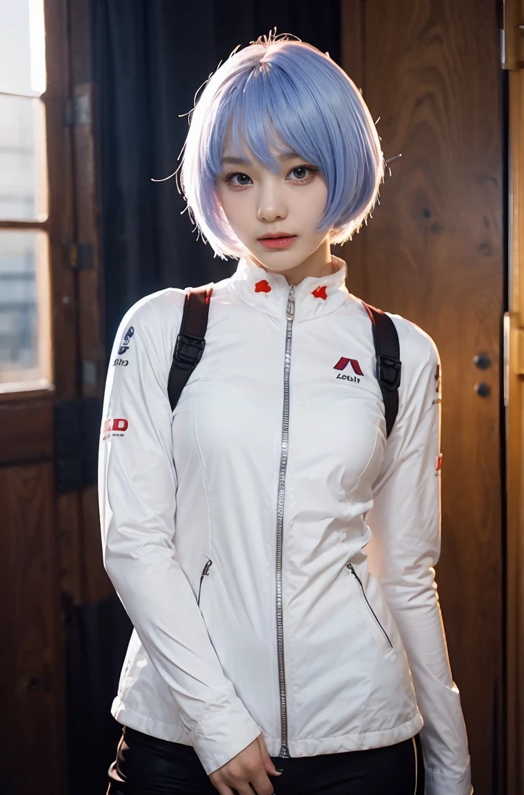 (best quality, masterpiece, colorful, dynamic angle, highest detailed)(\Rei Ayanami\), upper body photo, fashion photography of cute girl (\Rei Ayanami\), red eyes, dressing high detailed Evangelion white suit (high resolution textures), in dynamic pose, bokeh, (intricate details, hyperdetailed:1.15), detailed, moonlight passing through hair, (fantasy colors background, official art, extreme detailed, highest detailed), HDR+