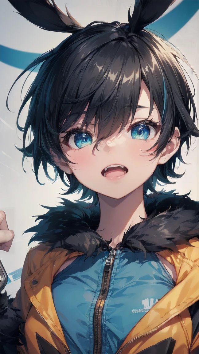 Close-up of a cartoon girl with blue hair and a yellow shirt, 2D Animation, 2D Animation style, 2D Art, 2D Art, 2D from Gorillaz, 2D from Gorillaz, 2D Gorillaz, Screaming Cerket, 2D Sprites, Jinx Face, short hair, Small breasts, hot pants, ((Black Hair, Bright blue fur inside:1.4))