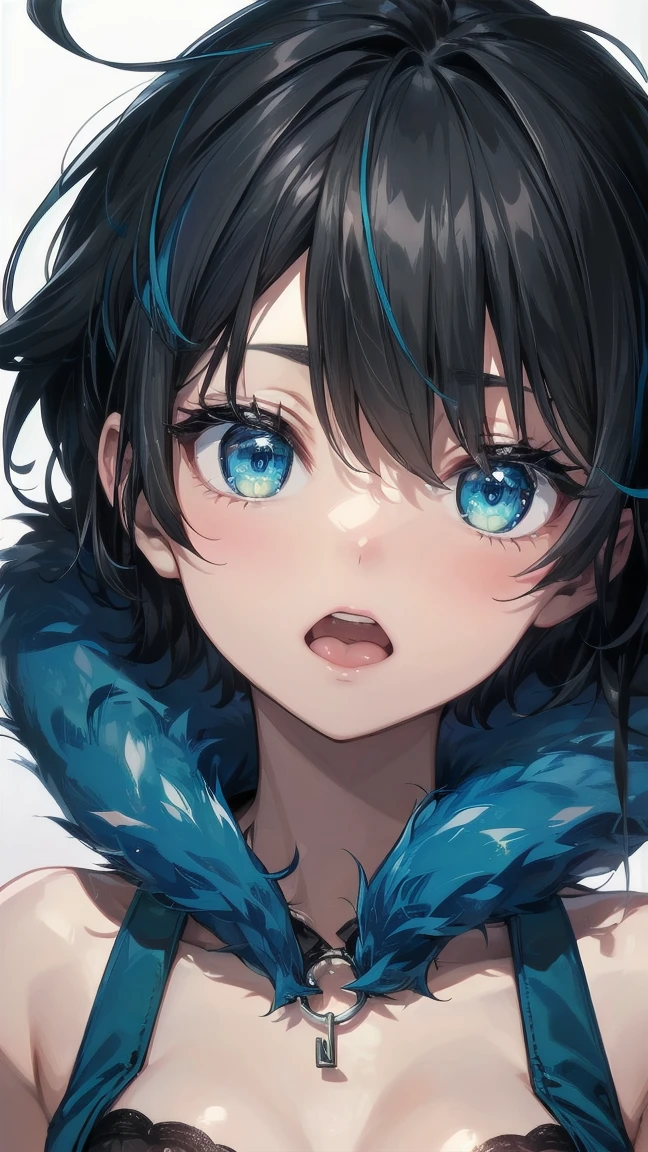 Close-up of a cartoon girl with blue hair and a yellow shirt, 2D Animation, 2D Animation style, 2D Art, 2D Art, 2D from Gorillaz, 2D from Gorillaz, 2D Gorillaz, Screaming Cerket, 2D Sprites, Jinx Face, short hair, Small breasts, hot pants, ((Black Hair, Bright blue fur inside:1.4))