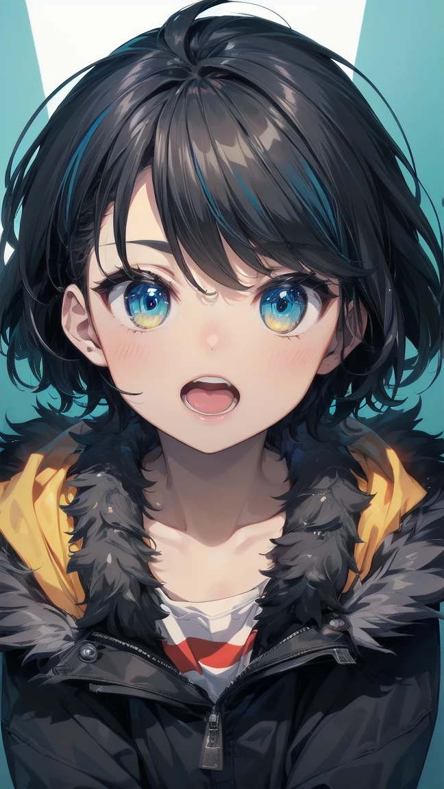 Close-up of a cartoon girl with blue hair and a yellow shirt, 2D Animation, 2D Animation style, 2D Art, 2D Art, 2D from Gorillaz, 2D from Gorillaz, 2D Gorillaz, Screaming Cerket, 2D Sprites, Jinx Face, short hair, Small breasts, hot pants, ((Black Hair, Bright blue fur inside:1.4))