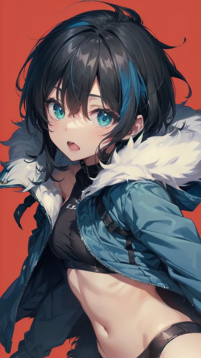 Close-up of a cartoon girl with blue hair and a yellow shirt, 2D Animation, 2D Animation style, 2D Art, 2D Art, 2D from Gorillaz, 2D from Gorillaz, 2D Gorillaz, Screaming Cerket, 2D Sprites, Jinx Face, short hair, Small breasts, hot pants, ((Black Hair, Bright blue fur inside:1.4))