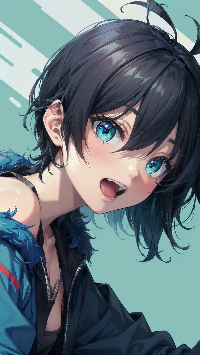 Close-up of a cartoon girl with blue hair and a yellow shirt, 2D Animation, 2D Animation style, 2D Art, 2D Art, 2D from Gorillaz, 2D from Gorillaz, 2D Gorillaz, Screaming Cerket, 2D Sprites, Jinx Face, short hair, Small breasts, hot pants, ((Black Hair, Bright blue fur inside:1.4))