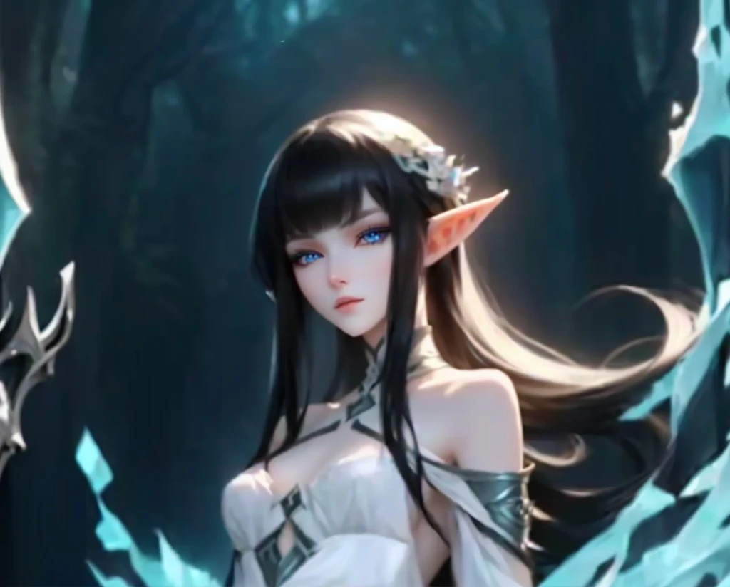 A slender half-elf, her pale skin reflects a bluish tone, her long “black hair”``face more detail focus on eyes´
