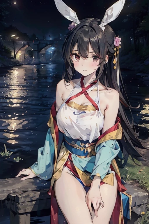 (masterpiece), (best quality), 8k resolution, 1girl, Asian girl, stunning beauty, perfect face, mature female, 20yo, sexy, bare shoulder, bunny ears, Hanfu, hanfu, see-through, dudou, silk, jewelry, fantasy, on the moon, simple line