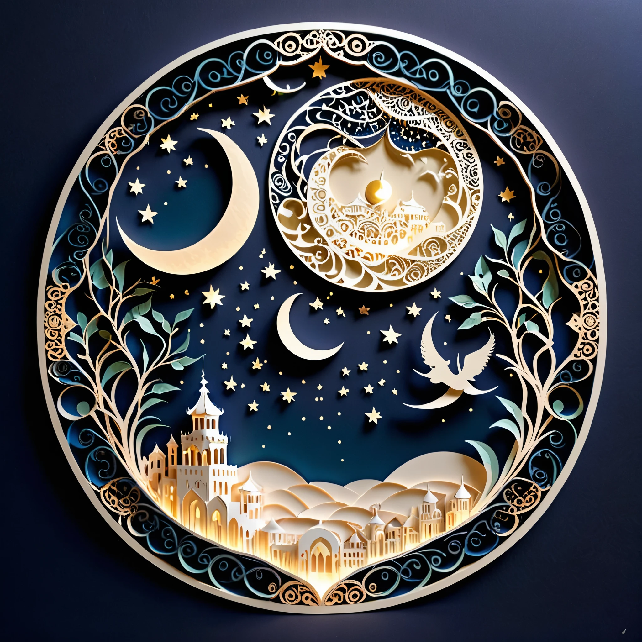 Create a detailed paper cutout artwork depicting an intricate scene of arabesque patterns against a moonlit night. The artwork should include elaborate, swirling designs that capture the essence of arabesque art, set against the backdrop of a serene night sky illuminated by a full moon. The moonlight should cast delicate shadows and highlights on the patterns, enhancing their depth and intricacy. The overall mood should be mystical and elegant, evoking a sense of timeless beauty.