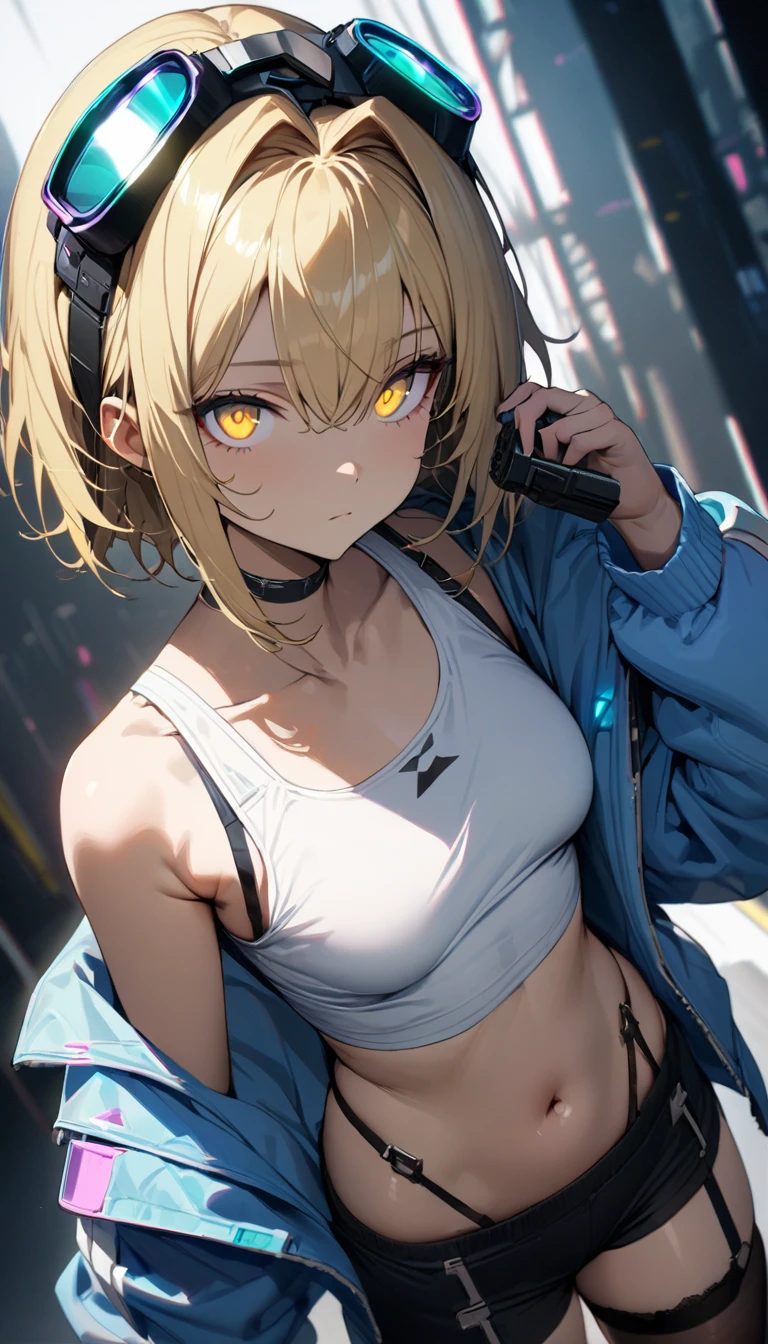 a handsome girl, solo, blond hair,  hair intakes, yellow eyes,(bright eyes:1.2), cyber punk light blue jacket, white tank top, goggles on head, [navel], off shoulder, open jacket, black shorts, garter rings,
handgun,
expressionless, blurry background, perfect lighting, perfect angle, masterpiece, best quality, extremely detailed face,