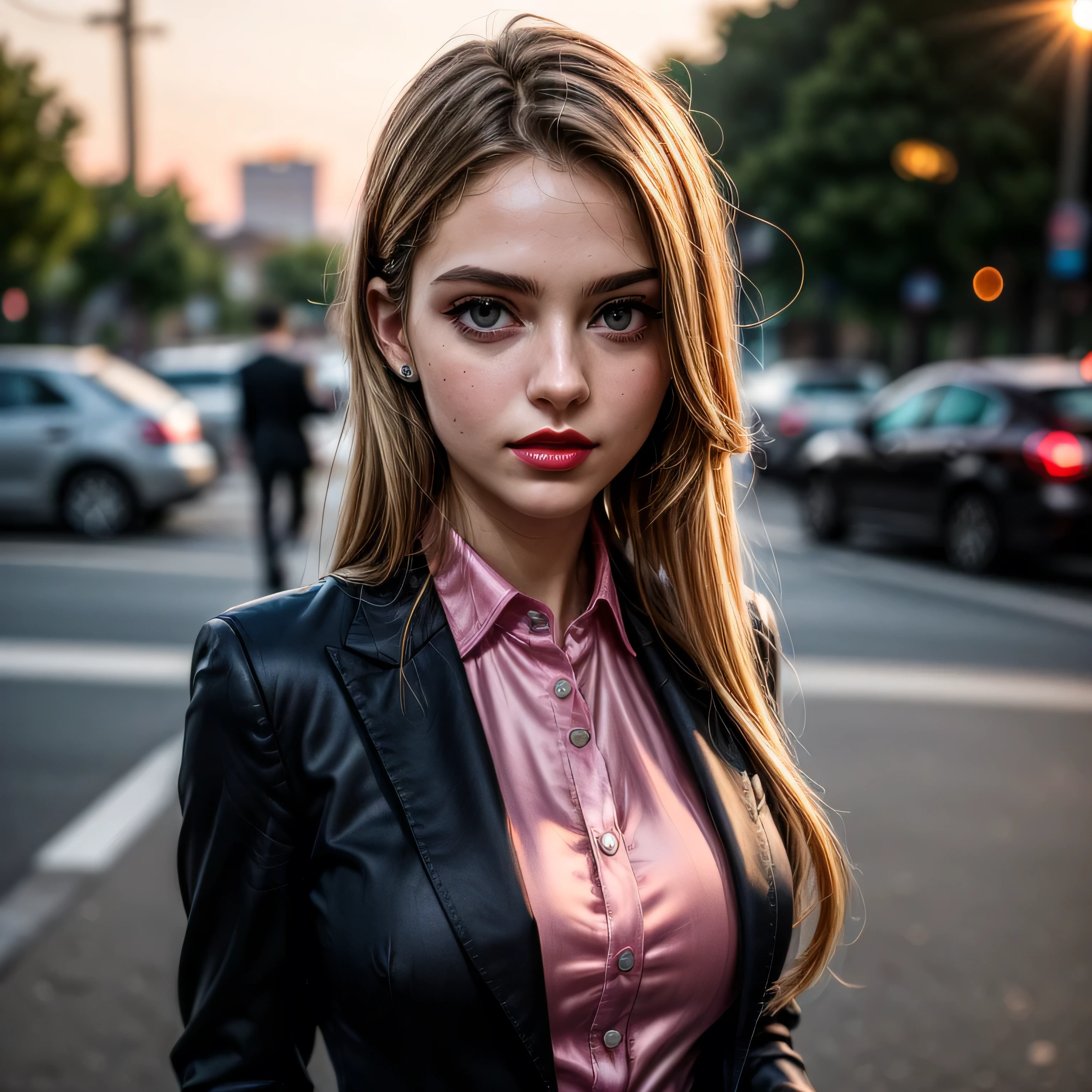 (masterpiece, photorealistic:1.4, extremely intricate:1.3, radiosity, photon mapping, dtx), ((nineteen female, teenage supermodel, ((business suit, black suit coat, pink silk men's business shirt, stepping to the side, serious, looking away, 19 years old, humid, bright red lips)), long eyelashes, makeup:1.3)), ((([skin detail:freckles:0.9], portrait, closeup))), outdoor, park, faraway city, professional photograph girl, (long straight hair [blonde hair:dark hair:0.7], wind), BREAK ((sunset), bokeh, blurry background), BREAK, ((([medium breasts:large breasts:0.6])))