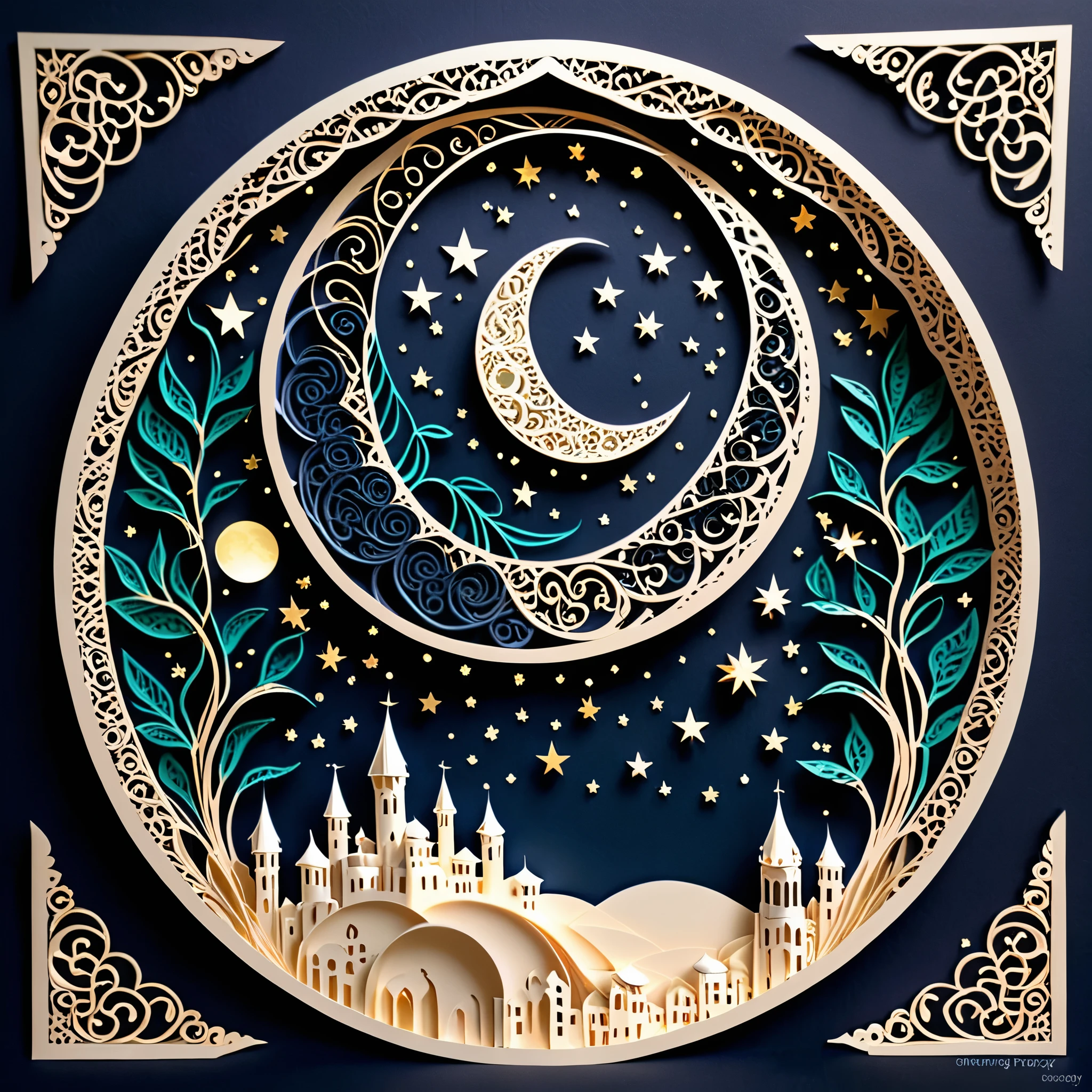 Create a detailed paper cutout artwork depicting an intricate scene of arabesque patterns against a moonlit night. The artwork should include elaborate, swirling designs that capture the essence of arabesque art, set against the backdrop of a serene night sky illuminated by a full moon. The moonlight should cast delicate shadows and highlights on the patterns, enhancing their depth and intricacy. The overall mood should be mystical and elegant, evoking a sense of timeless beauty.