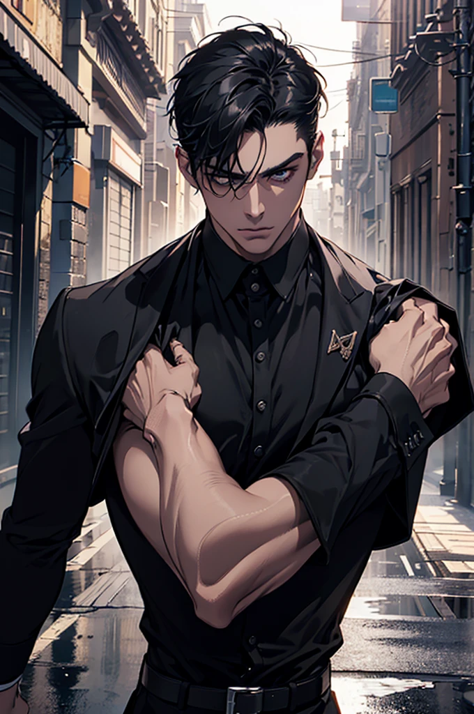 1man, mafia, short black hair,  dark night, dangerous, random pose, handsome, attractive, slightly muscular, cinematic lighting, unreal engine, trending on ArtStation, intricate details, masterpiece, best quality, by Irakli Nadar, Greg Rutkowski，(((best quality))),(((ultra detailed))),(((masterpiece)))