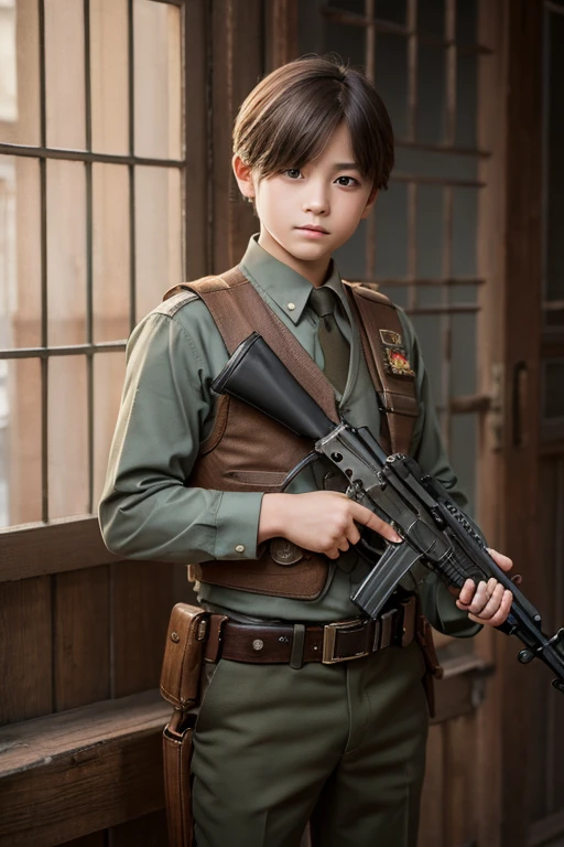 masterpiece, Highest quality, One boy, Cowboy Shot, Delicate eyes, uniform, and 47, AKM, Kalashnikov_rifle, assault_rifle, Holding_gun