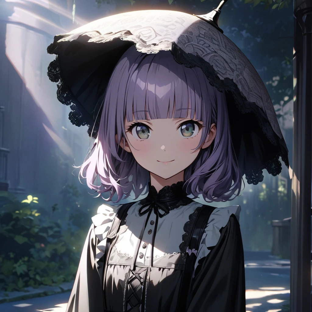 (Cute a girl:1.5), (masterpiece:1.3), anime visual, (Lovey-dovey:1.5), (tilt head:1.3), extremely delicate face, realistic lighting and shading, (an extremely delicate and beautiful art:1.3),15 years old,smiling,(pale purple wavy and blunt bangs hair,green and black eyes:1.5)from front,fullbody shot,full body shot,White brim, black gothic maid outfit, lace parasol, black knee-high socks, leather shoes, outdoors,morning lit,