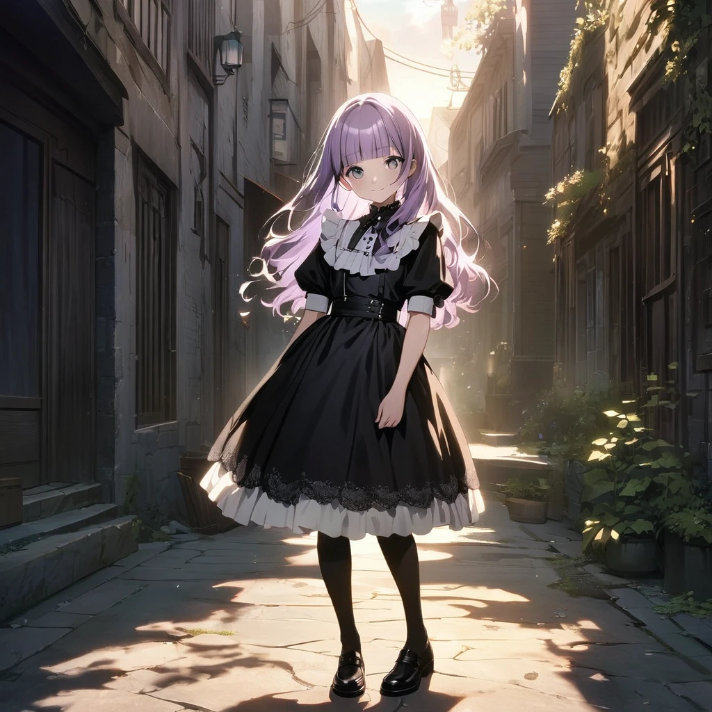 (Cute a girl:1.5), (masterpiece:1.3), anime visual, (Lovey-dovey:1.5), (tilt head:1.3), extremely delicate face, realistic lighting and shading, (an extremely delicate and beautiful art:1.3),15 years old,smiling,(pale purple wavy and blunt bangs hair,green and black eyes:1.5)from front,fullbody shot,full body shot,White brim, black gothic maid outfit, lace parasol, black knee-high socks, leather shoes, outdoors,morning lit,