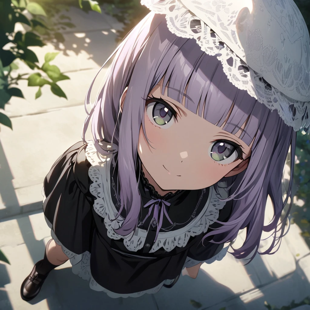 (Cute a girl:1.5), (masterpiece:1.3), anime visual,  (Lovey-dovey:1.5), (tilt head:1.3), extremely delicate face, realistic lighting and shading, (an extremely delicate and beautiful art:1.3),15 years old,smiling,(pale purple wavy and blunt bangs hair,green and black eyes:1.5)from front,fullbody shot,full body shot,White brim, black gothic maid outfit, lace parasol, black knee-high socks, leather shoes, outdoors,morning lit,