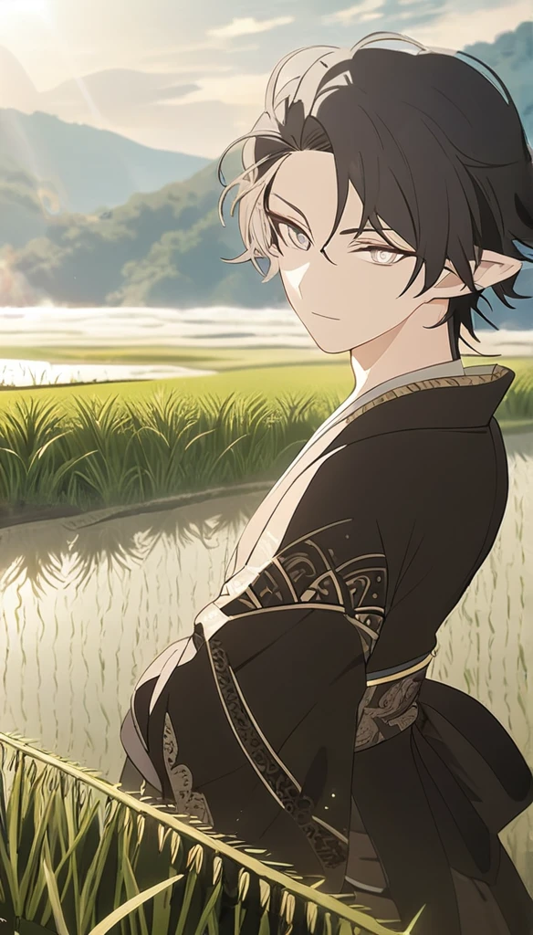 1man, elven ears, thai god, dark black hair, short fluffy hairstyle, glowing grey eyes, terraced rice paddy field, elegant thai clothing,