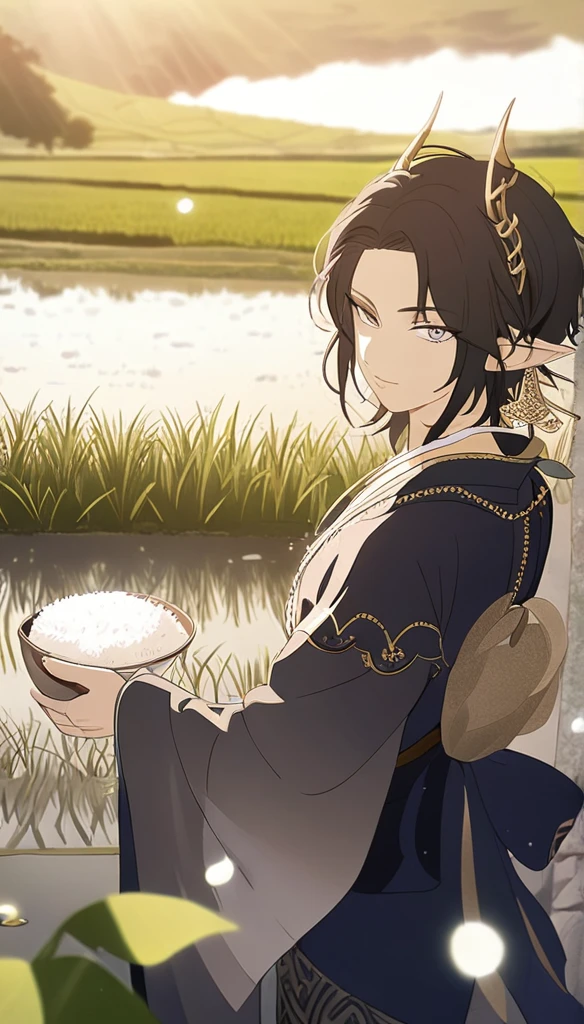 1man, elven ears, thai god, dark black hair, short fluffy hairstyle, glowing grey eyes, terraced rice paddy field, elegant thai clothing,