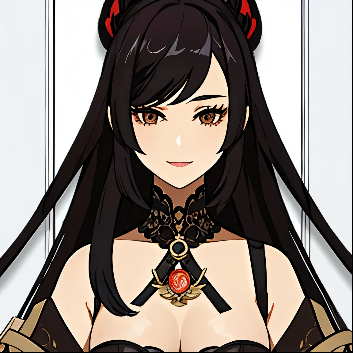 [A beautiful, mature woman with a seductive smile and parted lips stands against a white background. She has sharp eyelashes, brown eyes, and long black hair with bangs. Her figure is voluptuous, with a narrow waist, broad hips, and huge breasts. The image has an impactful, Genshin-inspired style, rendered in high detail and HDR quality as a stunning work of art.]