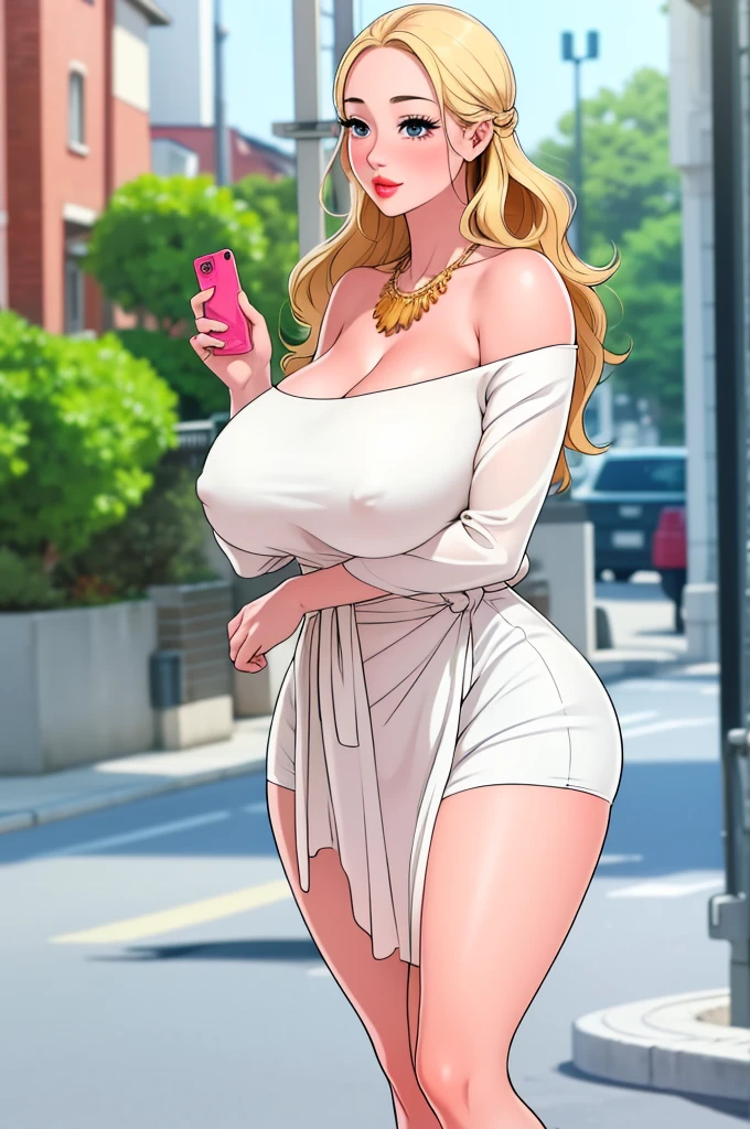 An extremely beautiful stunning voluptuous woman, with gold blonde long silky hair, big blue oceanic eyes, extremely super bright snow white fair stunning flawless glowing lush shiny white complexion and flawless skin, a perfect tight hourglass figure, and skinny waist, sexy thick smooth luscious legs and thighs, wearing a short sexy tight revealing white floral full-sleeve dress along with a blue sash on the waist, a brown off-shoulder sweater, yellow heels, gold necklace on the neck, gold anklets on feet, gold chain on the waist, standing straight, extremely cute smile on the face, bright pink blushes on cheeks, holding a pink purse, kids park in background, show full body from head to feet.