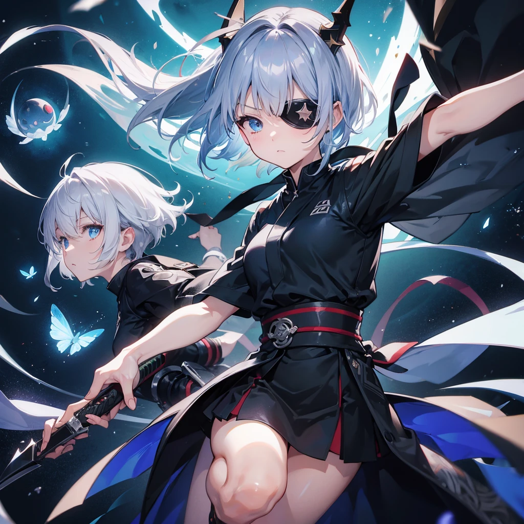 (((1 person put on an eyepatch Gray Hair Qinglong))) ((High resolution short hair shoulder Also々funny Face knifeを胸の前で構える)) ((Black Band Ninja Lonely despair blue eyes close)) ((Blue Butterfly night Japanese style old Shining Aura Floating in the air Jump Catch the wind Distorted Space)) (dance 日本knife knife Slashing) 月night moonlight star Shuriken Shining Background Shining Edges