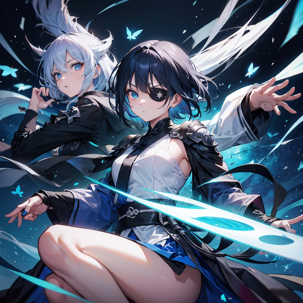 (((1 person　put on an eyepatch　Gray Hair　Qinglong)))　((High resolution　short hair　shoulder　Also々funny Face　knifeを胸の前で構える))　((Black Band　Ninja　Lonely　despair　blue eyes　close))　((Blue Butterfly　night　Japanese style　old　Shining Aura　Floating in the air　Jump　Catch the wind　Distorted Space))　(dance　日本knife　knife　Slashing)　月night　moonlight　star　Shuriken　Shining Background　Shining Edges