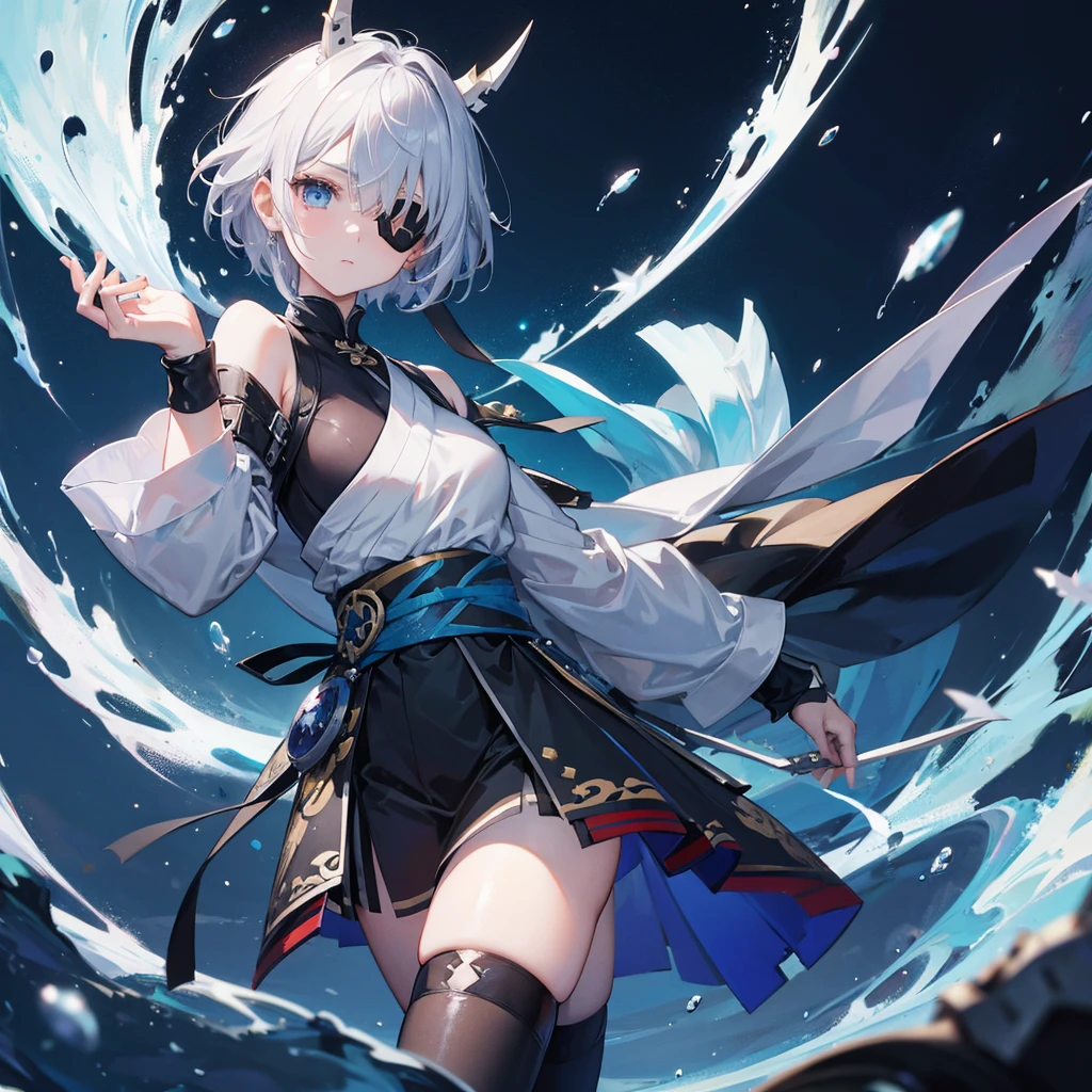 (((1 person　put on an eyepatch　Gray Hair　Qinglong)))　((High resolution　short hair　shoulder　Also々funny Face　knifeを胸の前で構える))　((Black Band　Ninja　Lonely　despair　blue eyes　close))　((Blue Butterfly　night　Japanese style　old　Shining Aura　Floating in the air　Jump　Catch the wind　Distorted Space))　(dance　日本knife　knife　Slashing)　月night　moonlight　star　Shuriken　Shining Background　Shining Edges