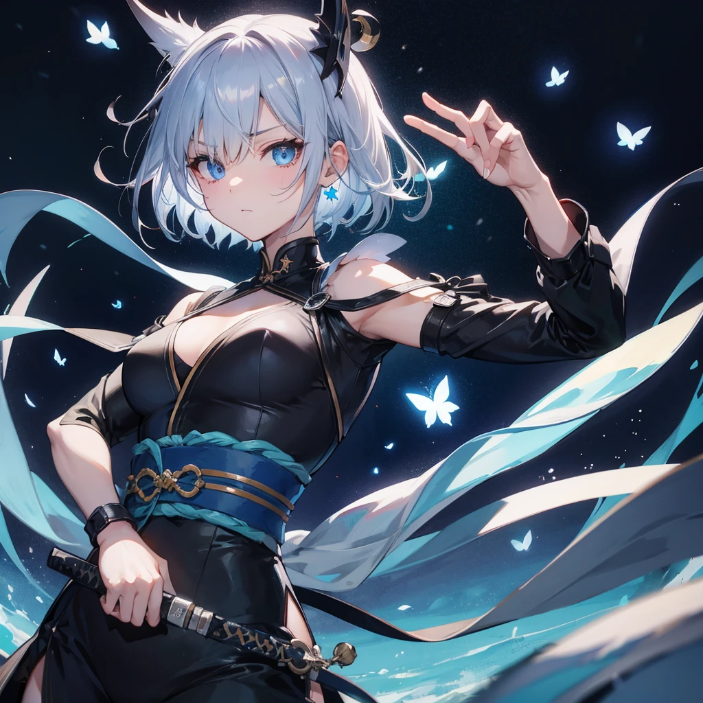 (((1 person put on an eyepatch Gray Hair Qinglong))) ((High resolution short hair shoulder Also々funny Face knifeを胸の前で構える)) ((Black Band Ninja Lonely despair blue eyes close)) ((Blue Butterfly night Japanese style old Shining Aura Floating in the air Jump Catch the wind Distorted Space)) (dance 日本knife knife Slashing) 月night moonlight star Shuriken Shining Background Shining Edges