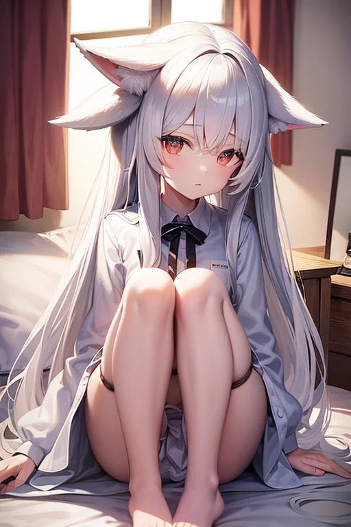 A young girl,White long hair,Wolf ears,pajamas,Sitting on the bed,Rope binding