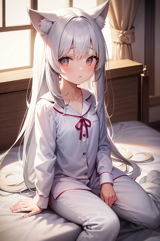 A young girl，White long hair，Wolf ears，pajamas，Sitting on the bed，Rope binding