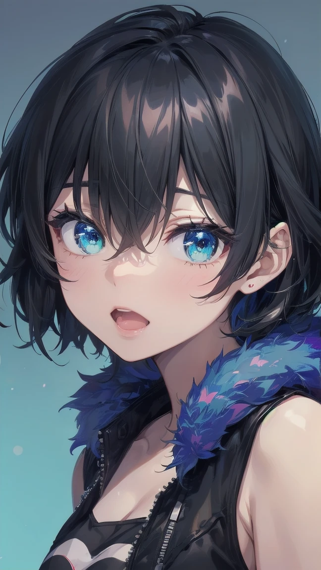 Close-up of a cartoon girl with blue hair and a yellow shirt, 2D Animation, 2D Animation style, 2D Art, 2D Art, 2D from Gorillaz, 2D from Gorillaz, 2D Gorillaz, Screaming Cerket, 2D Sprites, Jinx Face, short hair, Small breasts, hot pants, ((Black Hair, Bright blue fur inside:1.4))