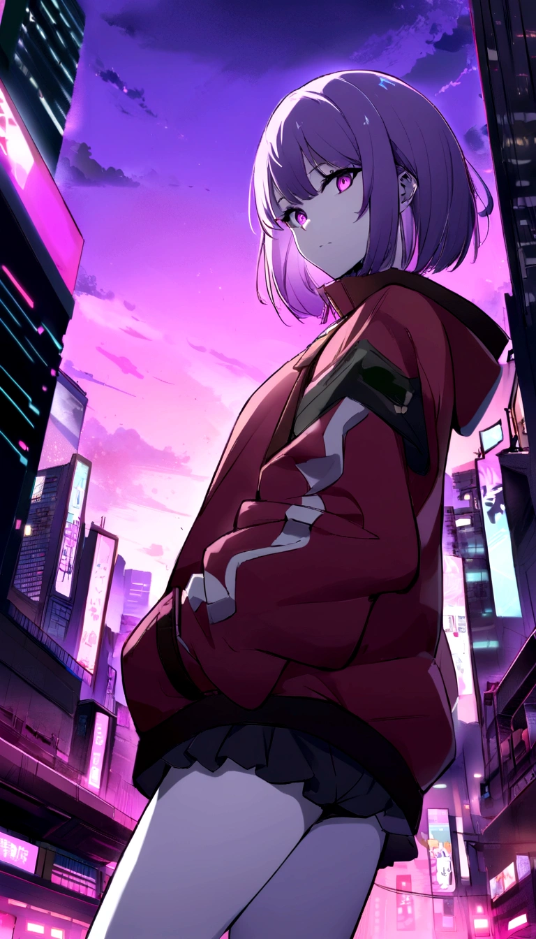 Close-up of a city with a neon sunset background, Synthwave City, Vaporwave City, The Aesthetics of Synthwave, Neon city in the background, Neo Tokyo Background, Background neon big city, Futuristic city background, Cyberpunk aesthetic, The city background is cyberpunk, Purple Cyberpunk City, Cyberpunk city background, Cyberpunk aesthetic, Cyberpunk atmosphere, Cyberpunk Cityscape,anime雲, animeの背景, animeスカイ, in Xin Haichengのスタイル, Beautiful fluffy clouds. anime, Xin Haichengのスタイル, Xin Haicheng!, 美しいanimeの風景, based on Makoto Shinkai, anime風景壁紙, Xin Haicheng!!, Xin Haichengのアートスタイル,Japanese girl,Pale skin,Beautiful Face(Purple Hair)Red jacket,Tokyo at Night, Cyberpunk Style,Japanese Streetwear,Tokyo Fashion,Cyberpunk 2 Jacket 077,full length,Attractive pose,Bottom View
