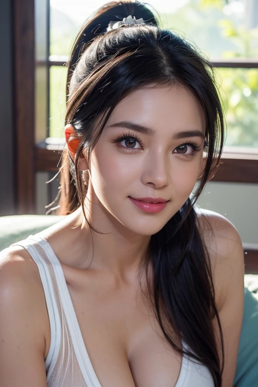 a gorgeous middle-aged busty indonesian hot mom, ponytail, thin white tanktop with no bra, cleavage, see-through white panties, wet body, full body portrait, sports, sexy smile, detailed face, beautiful detailed eyes, beautiful detailed lips, extremely detailed eyes and face, long eyelashes, realistic, photorealistic, photo-realistic:1.37, best quality,4k,8k,highres,masterpiece:1.2,ultra-detailed,vivid colors,studio lighting,physically-based rendering,extreme detail description,professional