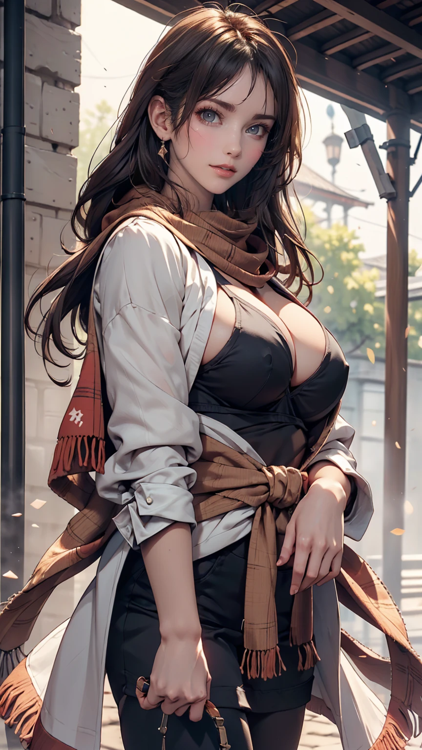 24 year old Caucasian female、Sexy proportions、Sexy、Breasts protruding forward(Rocket Boobs)、Female Ninja(scarf、Jacket、Hakama、Hand guard、stumbling、tabi、Straw sandals)