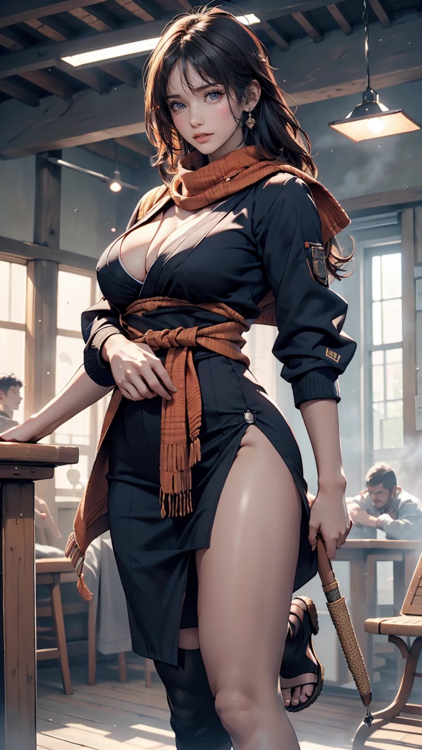 24 year old Caucasian female、Sexy proportions、Sexy、Breasts protruding forward（Rocket Boobs)、Female Ninja(scarf、Jacket、Hakama、Hand guard、stumbling、tabi、Straw sandals)