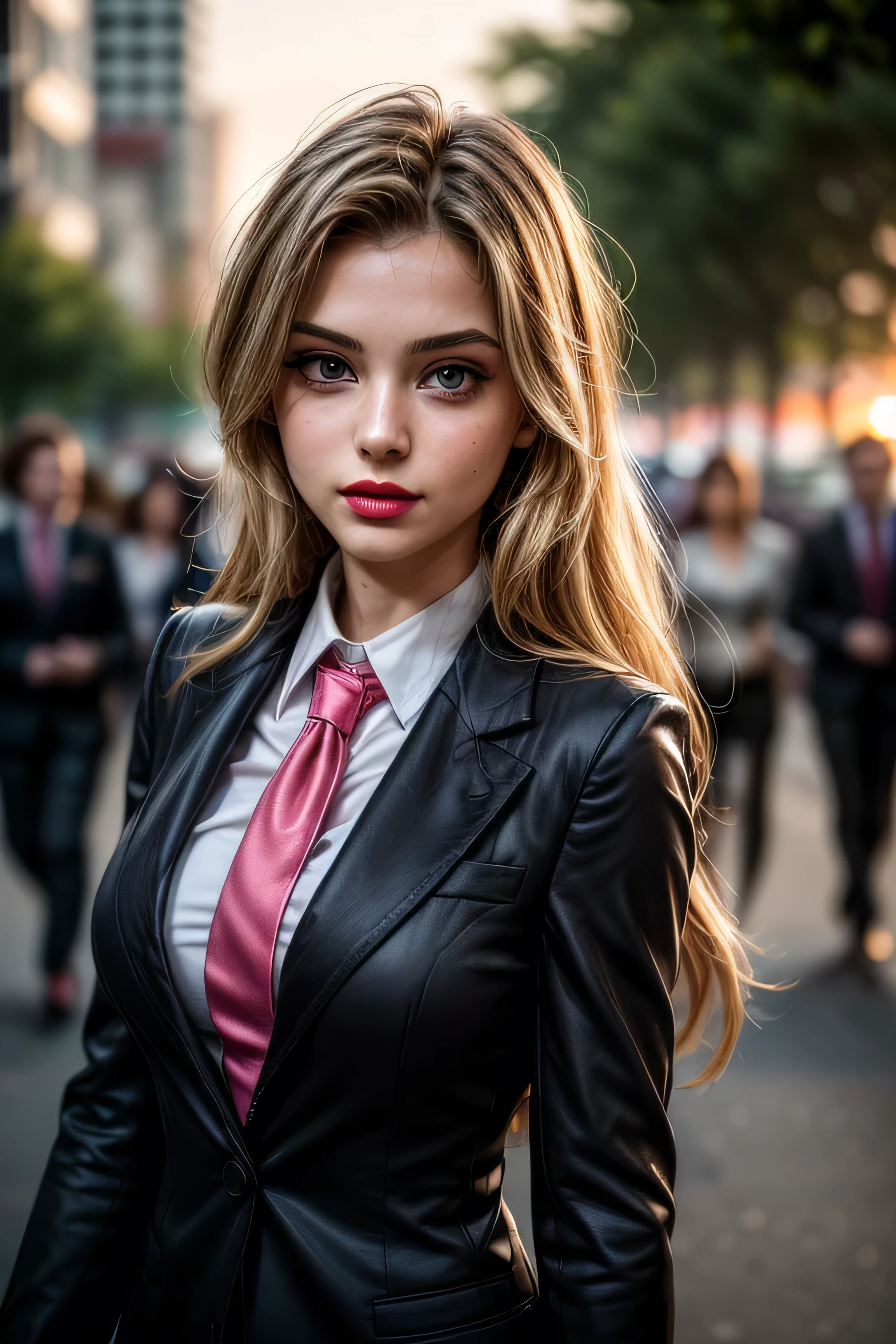 (masterpiece, photorealistic:1.4, extremely intricate:1.3, radiosity, photon mapping, dtx), ((nineteen female, teenage supermodel, ((business suit, black suit coat, pink silk men's business shirt, stepping to the side, serious, looking away, 19 years old, humid, bright red lips)), long eyelashes, makeup:1.3)), ((([skin detail:freckles:0.9], portrait, closeup))), outdoor, park, faraway city, professional photograph girl, (long straight hair [blonde hair:dark hair:0.7], wind), BREAK ((sunset), bokeh, blurry background), BREAK, ((([medium breasts:large breasts:0.6])))