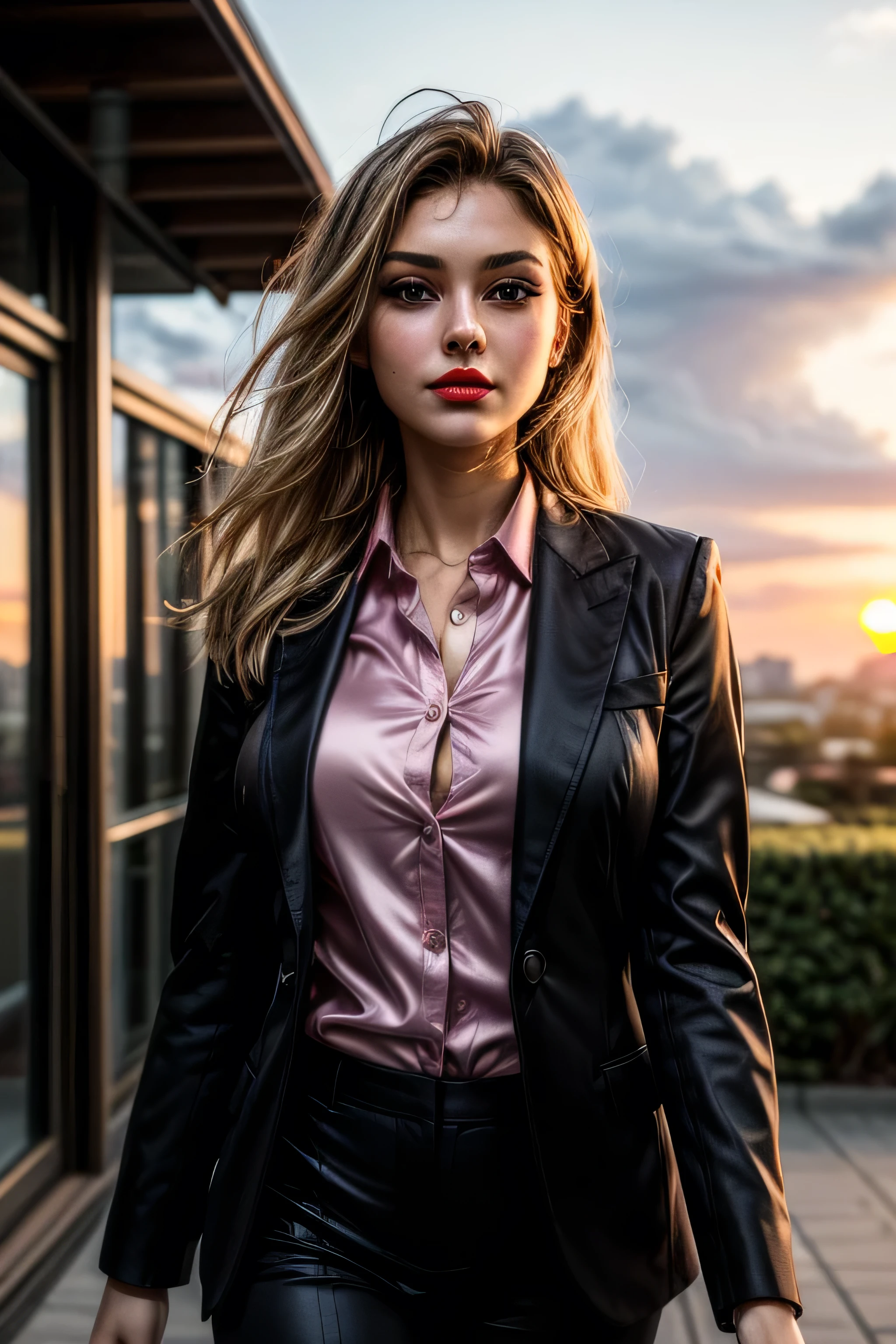 (masterpiece, photorealistic:1.4, extremely intricate:1.3, radiosity, photon mapping, dtx), ((nineteen female, teenage supermodel, ((business suit, black suit coat, pink silk men's business shirt, stepping to the side, serious, looking away, 19 years old, humid, bright red lips)), long eyelashes, makeup:1.3)), ((([skin detail:freckles:0.9], portrait, closeup))), outdoor, park, faraway city, professional photograph girl, (long straight hair [blonde hair:dark hair:0.7], wind), BREAK ((sunset), bokeh, blurry background), BREAK, ((([medium breasts:large breasts:0.6])))