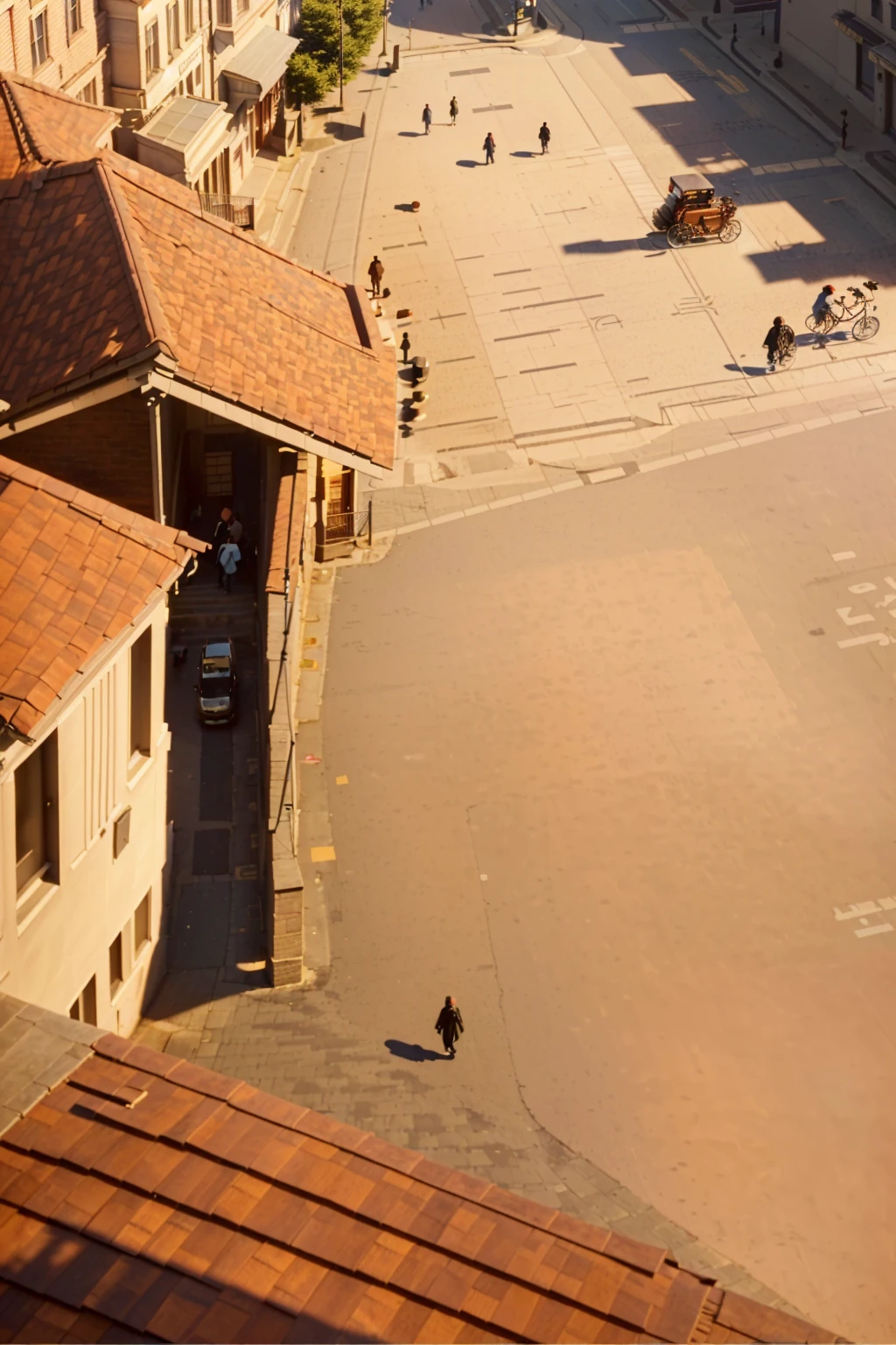 There are many people walking on the sidewalks in this town, Realistic street scenes, Low Detail. number, Details with shadows, detailed street, street top view, Ultra-detailed scenes, Detail rendering, Detailed shadows and textures, Extremely detailed scene, Street background, Establishing the shot, Real photos of the town, roof, Illustrations, Flat painting, Town Background