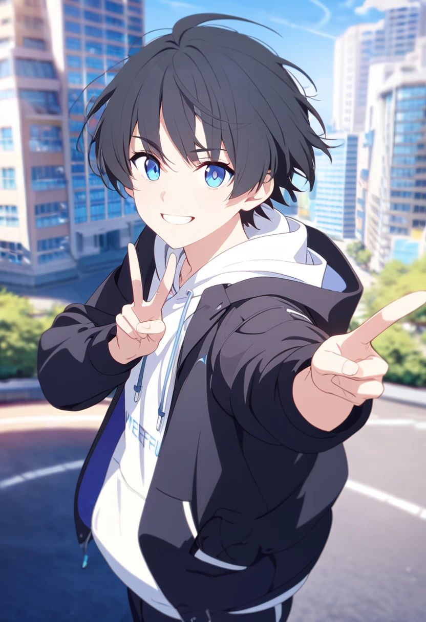 masterpiece,best quality,depth of field,8K,looking at the viewer,,I made a V with my hands,running shoes,black hair,blue eyes,afternoon,man,hands in pockets,smiling,alone,Handsome,(charismatic eyes 1:1),wseifuku,Black jacket over white hoodie,hooded,Future city