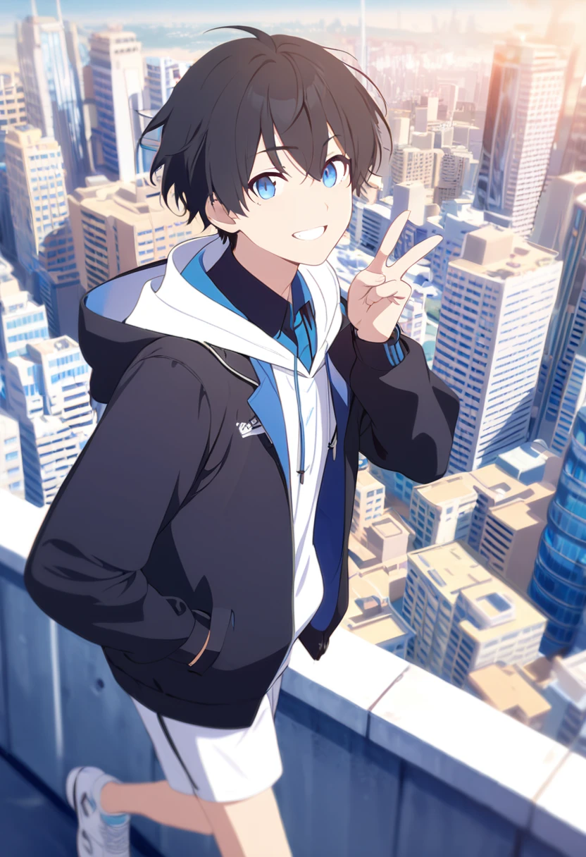 masterpiece,best quality,depth of field,8K,looking at the viewer,,I made a V with my hands,running shoes,black hair,blue eyes,afternoon,man,hands in pockets,smiling,alone,Handsome,(charismatic eyes 1:1),wseifuku,Black jacket over white hoodie,hooded,Future city