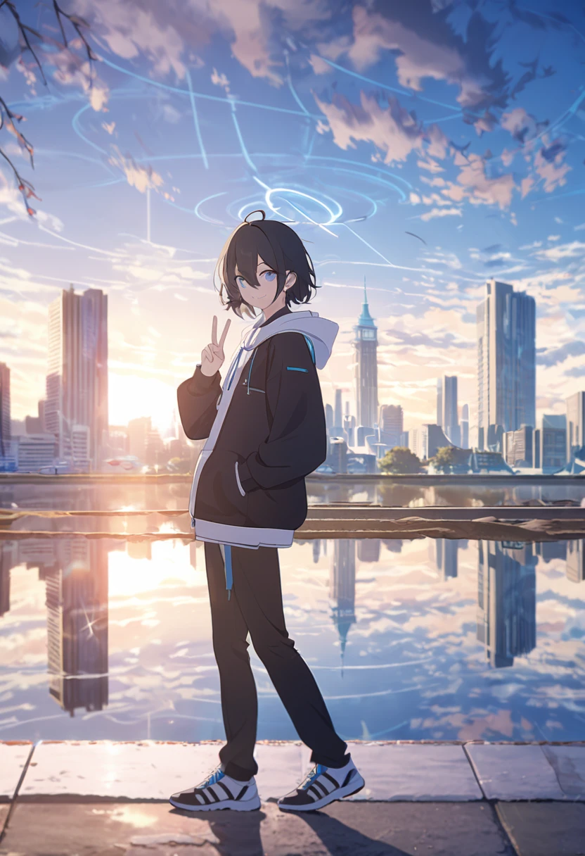 masterpiece,best quality,depth of field,8K,looking at the viewer,,I made a V with my hands,running shoes,black hair,blue eyes,afternoon,man,hands in pockets,smiling,alone,Handsome,(charismatic eyes 1:1),wseifuku,Black jacket over white hoodie,hooded,Future city