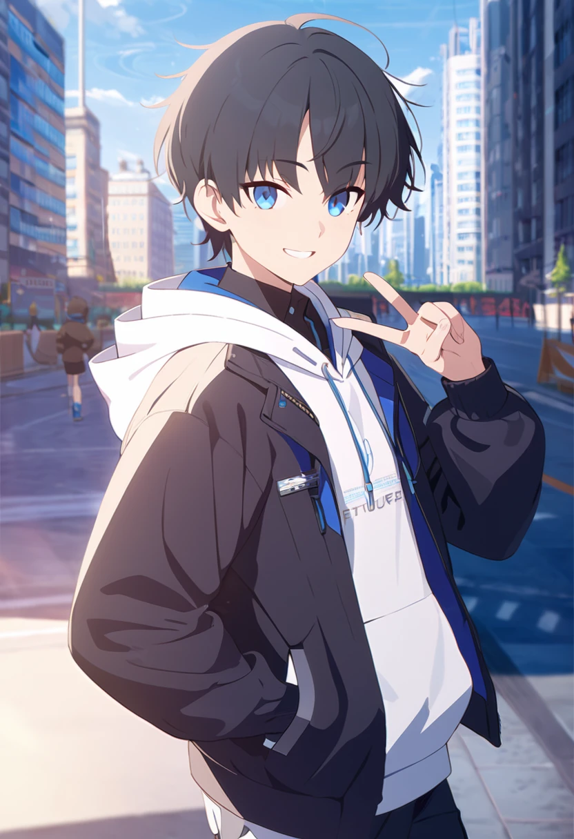 masterpiece,best quality,depth of field,8K,looking at the viewer,,I made a V with my hands,running shoes,black hair,blue eyes,afternoon,man,hands in pockets,smiling,alone,Handsome,(charismatic eyes 1:1),wseifuku,Black jacket over white hoodie,hooded,Future city