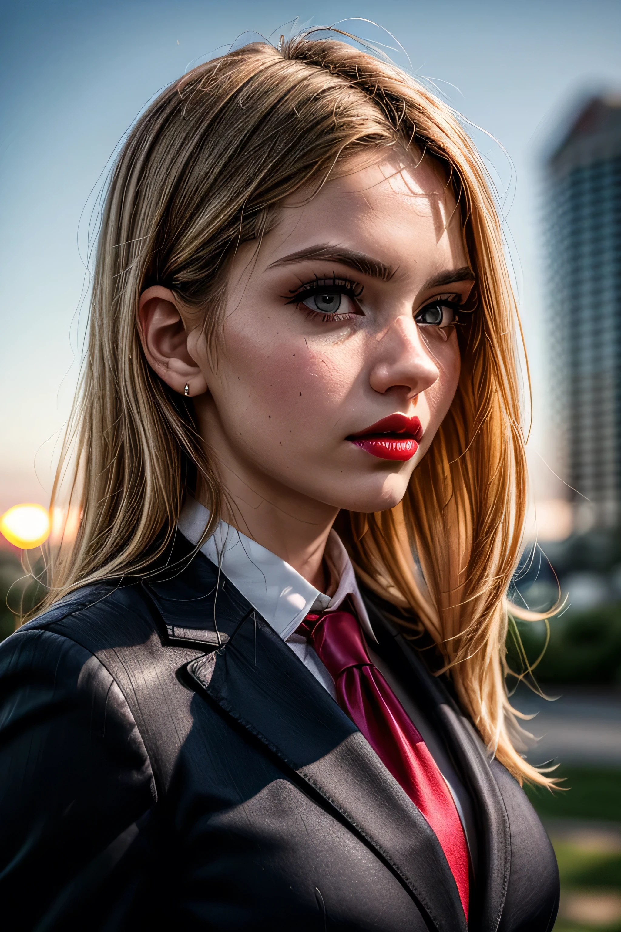 (masterpiece, photorealistic:1.4, extremely intricate:1.3, radiosity, photon mapping, dtx), ((nineteen female, teenage supermodel, ((business suit, black suit coat, pink silk men's business shirt, stepping to the side, serious, looking away, 19 years old, humid, bright red lips)), long eyelashes, makeup:1.3)), ((([skin detail:freckles:0.9], portrait, closeup))), outdoor, park, faraway city, professional photograph girl, (long straight hair [blonde hair:dark hair:0.7], wind), BREAK ((sunset), bokeh, blurry background), BREAK, ((([medium breasts:large breasts:0.6])))